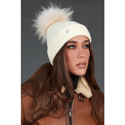 D'Arienzo cappello in lana panna con pompon in pelliccia panna D'Arienzo