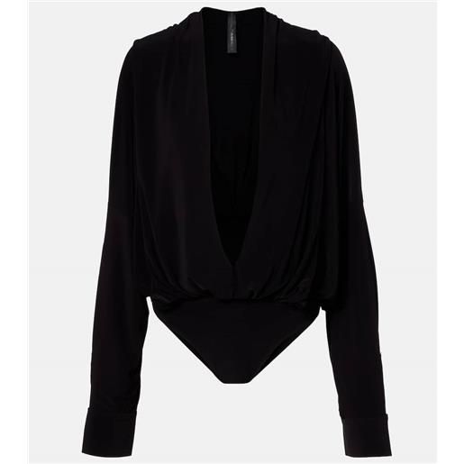 Norma Kamali body drappeggiato con cappuccio