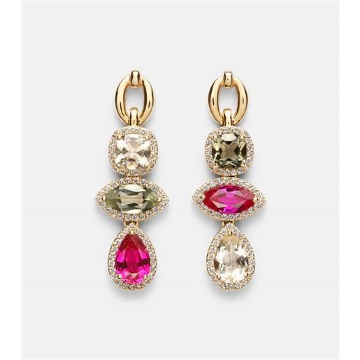Nadine Aysoy orecchini catena triple stone in oro 18kt con zaffiro, rubellite, ametista e diamanti