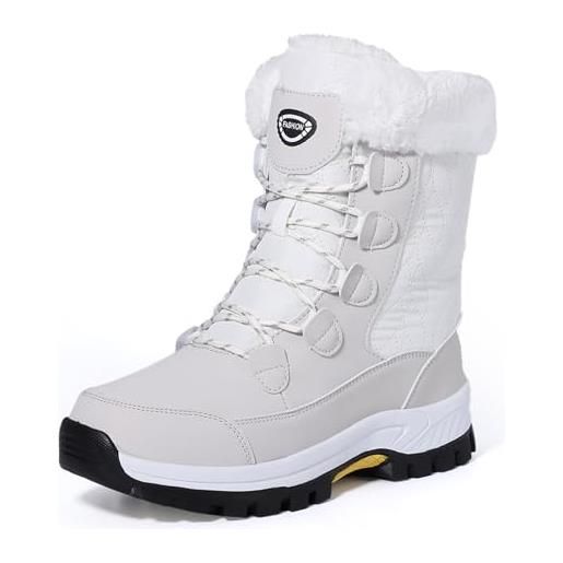 EVEOUT stivali da neve invernali da donna, a metà polpaccio, in pelle pu, antiscivolo, con fodera in pelliccia sintetica (tacco 4 cm), per viaggi e uso quotidiano, albicocca chiara e bianca, 40 eu