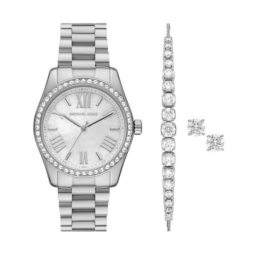 Michael Kors - set regalo da donna lexington a tre lancette, orologio in acciaio inossidabile e gioielli, mk1087set