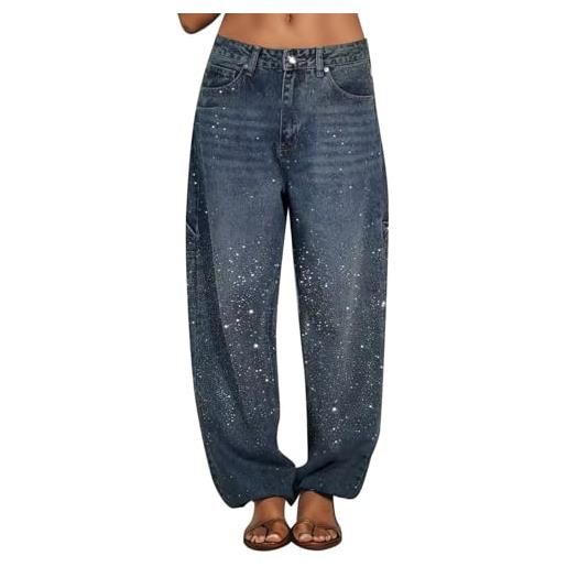 Generic jeans donna larghi con strass casual estivi donna vestibilità ampia a gamba larga pantaloni vintage in denim a vita alta sparklle gradient diamonnd denim pantaloni per le donne pantaloni (blue, xxl)