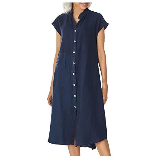 OIUHJN lady solid abito a maniche corte da donna, estivo, con bottoni, a maniche corte, con colletto rovesciato, con tasche, in cotone, lino, abito estivo, blu marino, l