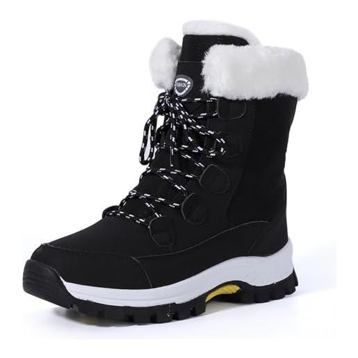 EVEOUT stivali da neve invernali da donna, a metà polpaccio, in pelle pu, antiscivolo, con fodera in pelliccia sintetica (tacco 4 cm), per viaggi e uso quotidiano, nero , 40 eu