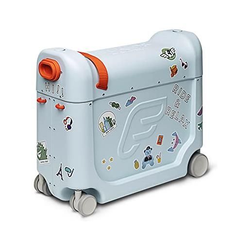 Stokke jet. Kids bed. Box, blue sky - valigia cavalcabile per bambini dai 2 ai 7 anni (fino a 35 kg) - si trasforma in letto - include materasso, adesivi decorativi e cinghia di trasporto regolabile