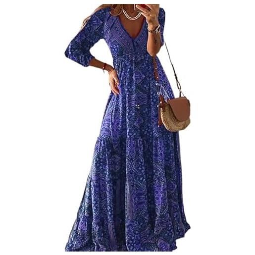 Generic maxi abito da donna a vita alta con scollo a v, maniche lunghe, scollo a v, stampa floreale, abito bohémien per le vacanze, blu, m