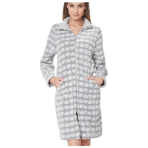 Notti Magiche vestaglia donna in soffice pile con lunga zip, abito casa invernale in morbido pail con colletto e tasche (m, grigio)