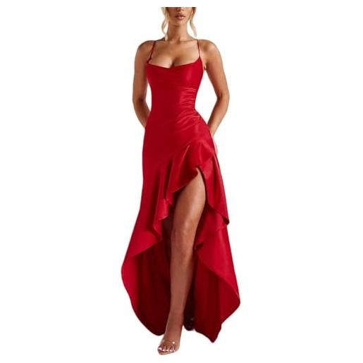 Generico abito da ballo in raso con volant da donna, abito lungo da donna con spalle scoperte, elegante abito da cocktail con spacco (pink, m)