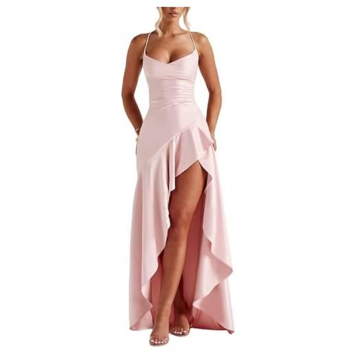 Generico abito da ballo in raso con volant da donna, abito lungo da donna con spalle scoperte, elegante abito da cocktail con spacco (pink, m)