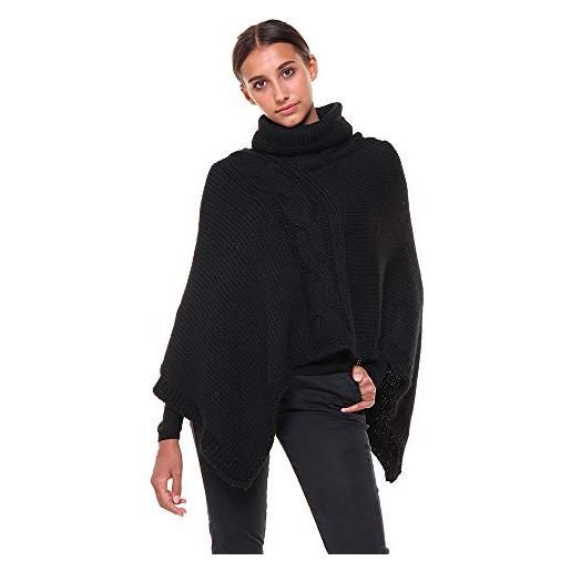 FANTASIE TERRENE poncho mantella donna, collo alto, fatto a maglia in filato misto alpaca di alta qualità. Made in italy (nero)