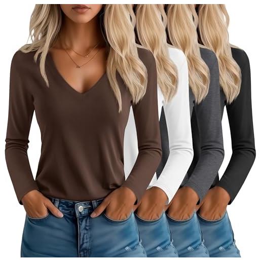 Neer confezione da 4 t-shirt da donna con scollo a v, maniche lunghe, casual, vestibilità ampia, orlo dritto, semplici(nero, marrone, grigio scuro, bianco, l)