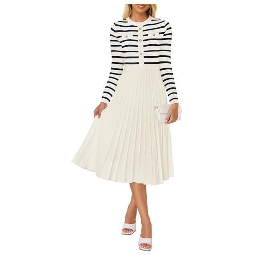 ZESICA abito longuette da donna a maniche lunghe a righe, girocollo, con bottoni, a costine, plissettato, linea svasata, nero, m