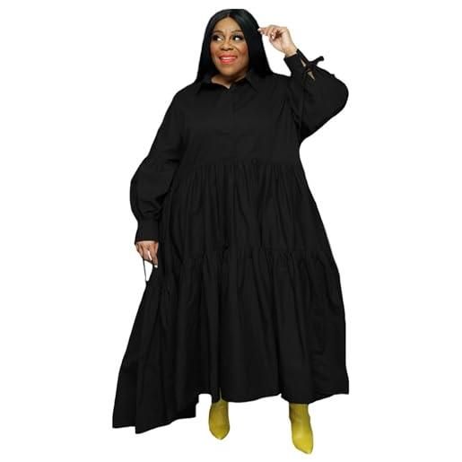 Adogirl abito da donna plus size autunno manica lunga button down ruffle hem bandage oversize largo lungo maxi swing abiti, manica lunga, colore nero. , 3xl