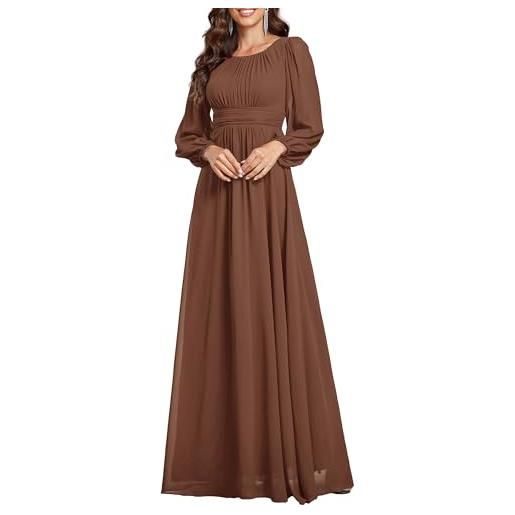 Ever-Pretty vestito da sera donna lungo cintura rotondo manica lunga elegante abiti da cerimonia marrone 52