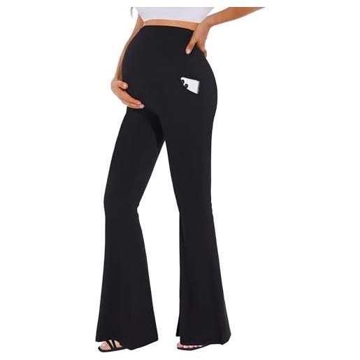 Musidora leggings a zampa premaman morbidi con tasche sopra la pancia/pantaloni a campana a vita alta per yoga casual, nero, xx-large