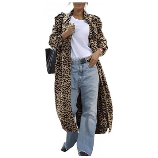 Juankrynord trench lungo con stampa leopardata primaverile da donna cardigan con bottoni e risvolto con stampa leopardata elegante cappotto lungo e largo a maniche lunghe (stampa leopardata, m)