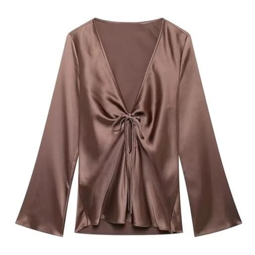 Fulbant camicette a maniche lunghe con scollo a v e fiocco testuale in raso di seta bicolore autunno donna 2024, marrone, s