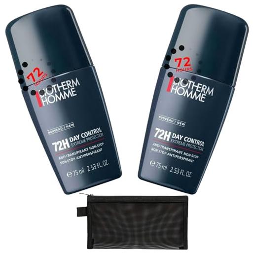 Wishesla deodorante roll-on da uomo - 2 x 75 ml day control extreme protezione 72h | senza alcool, anti-odore, antitraspirante da uomo | formato da viaggio con organizer per borsa a rete nera con cerniera