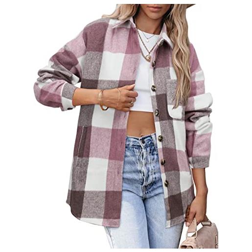 Beaully shacket da donna in flanella scozzese 2025 abiti autunnali a maniche lunghe con bottoni camicie giacche cappotti con tasche laterali, colore: grigio cachi. , medium