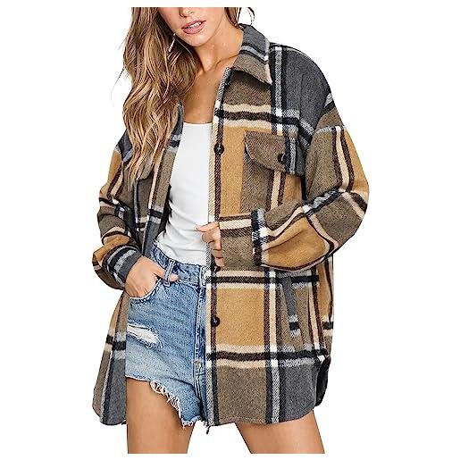 Beaully womens casual plaid spazzolato flanella bottone giù tasca camicia giacca shackets cappotti 6023 rosa media, 3-kahki, m