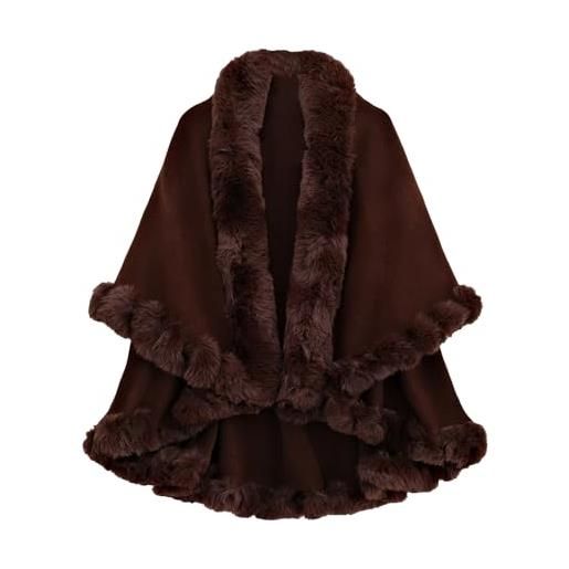 FM2018XSL mantello invernale donna con collo in pelliccia sintetica cappotto poncho caldo scialli eleganti da sera (caffè)