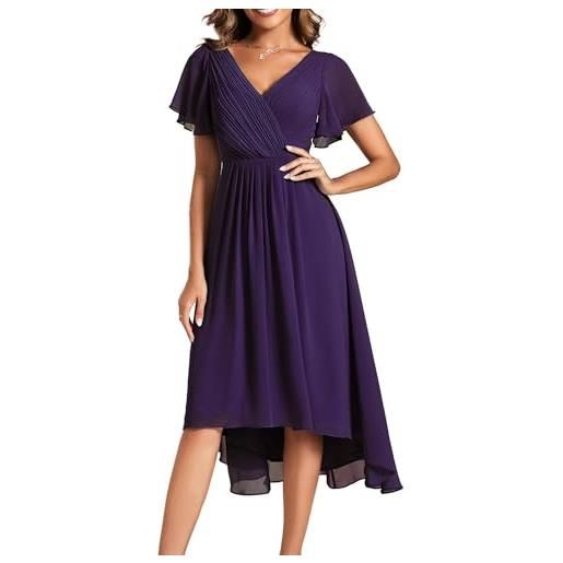 Ever-Pretty vestito elegante donna cerimonia manica corta collo a v gonna midi viola scuro 50