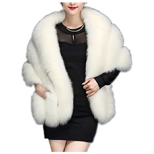 Elonglin scialle da donna in finta pelliccia, mantello, stola, coprispalle per serate, feste, spose, matrimoni, bianco, etichettalia unica