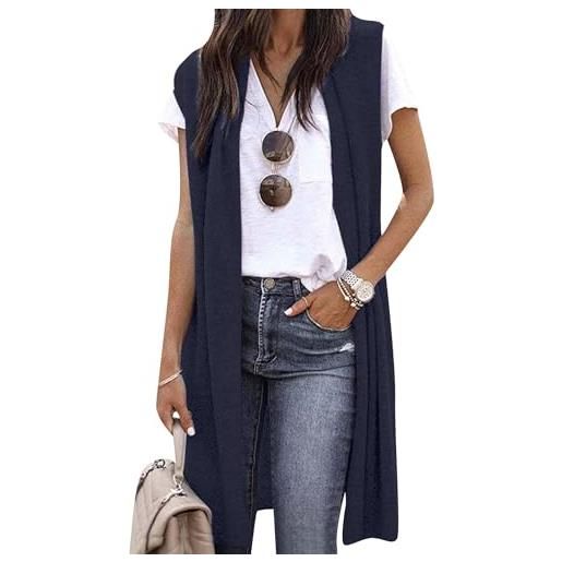 OMZIN cardigan donna senza maniche tinta unita con drappeggio aperto sul davanti gilet blu navy l