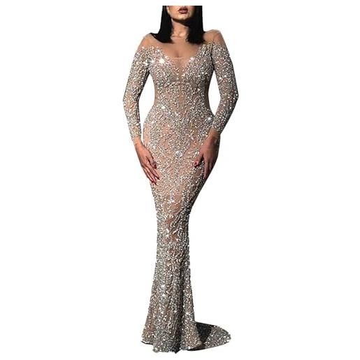 Generisch abiti da sera da donna lunghi con glitter - abito da donna con glitter per festival, trasparente, da cerimonia, per curvy, abito da ballo a maniche lunghe, abito da sposa con strass, abito elegante da