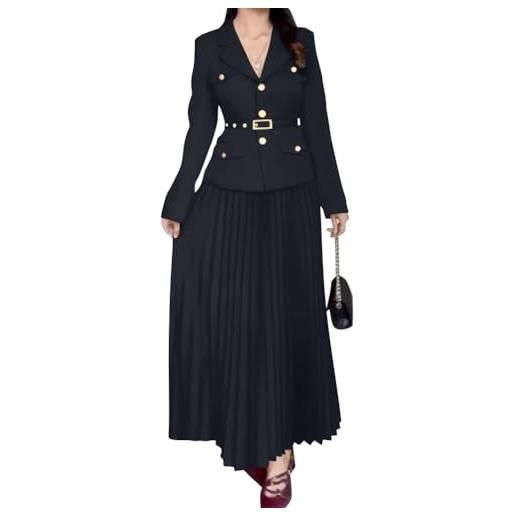 shownicer tailleur blazer con revers da donna e lunga plissettata con cintura due pezzi set da blazer con bottoni e gonna a blu scuro m