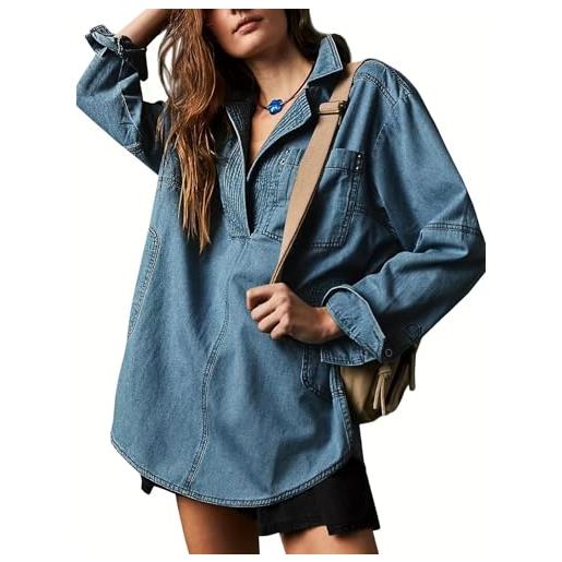 yoeasy pullover da donna in denim oversize con scollo a v camicia di jeans vestibilità ampia a maniche lunghe giacca di jeans con tasca, blu scuro, xx-large