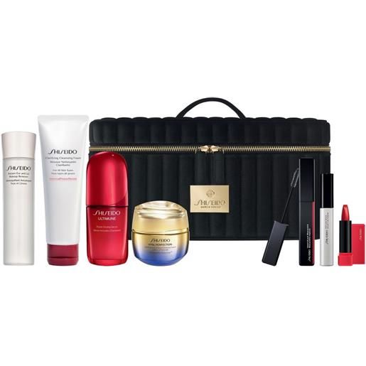 Shiseido blockbuster vanity kit 125ml + 125ml + 50ml + 50 ml + 6ml set con struccante e schiuma detergente, siero, crema antietà, mascara e rossetto