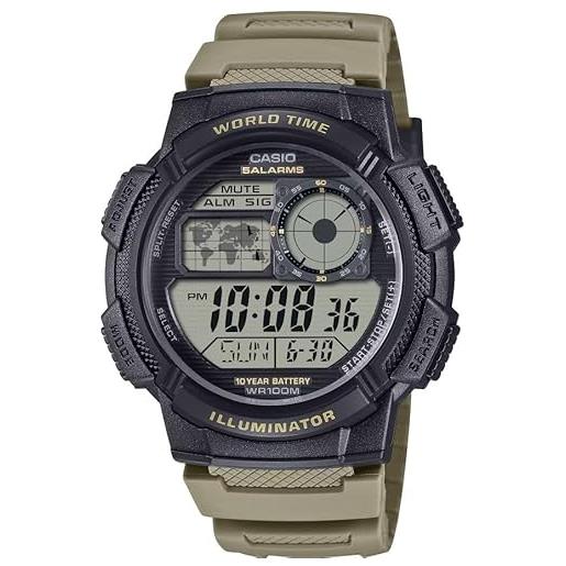 Casio serie ae-1000w | nero/marrone chiaro | batteria da 10 anni | ora mondiale | allarme giornaliero | orologio con illuminatore digitale