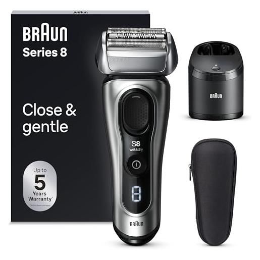 Braun series 8, rasoio elettrico barba, regolabarba uomo, rifinitore di precisione, custodia viaggio, stazione smart. Care, batteria litio ion, 100% impermeabile, idea regalo, 8567cc argento