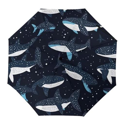 SMAZDFXX ombrello da viaggio compatto con motivo a squalo balena, pieghevole a 3 pieghe, per protezione da pioggia e sole