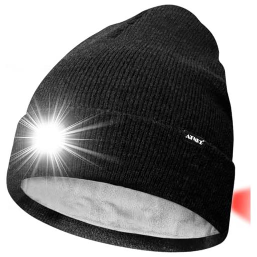 ATNKE unisex 8 led cappello con luce, usb ricaricabile fanale rosso lampeggiante bagliore cappello da corsa calda pile foderato berretto lavorato maglia regali per uomo e donna/dark grey