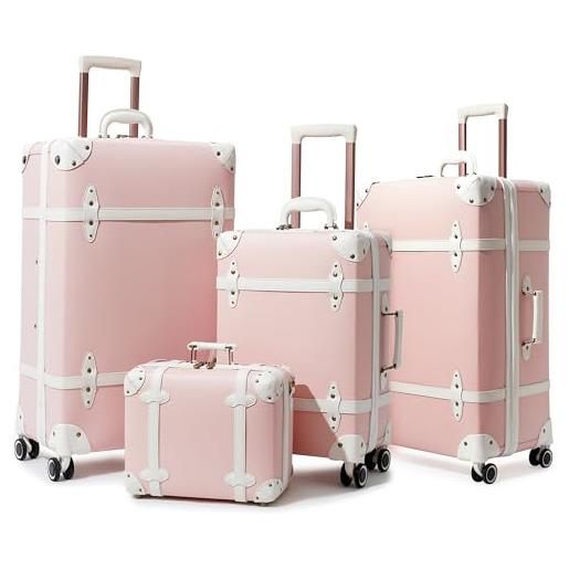 Urecity set di 4 valigie da viaggio vintage in pelle, leggere, stile retrò, con lucchetto tsa e 8 ruote (s-m-l-xl), colore: rosa. , kofferset, stile vintage