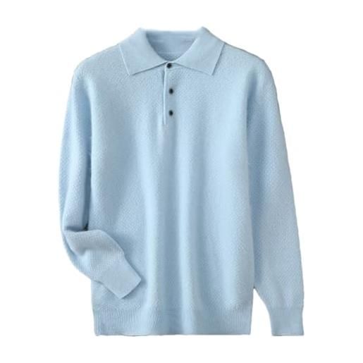 OWEIEYEU polo da uomo in 100% cashmere visone con bottoni a volare a girocollo pullover manica lunga, azzurro, 3xl