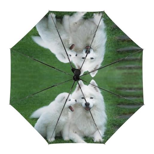 JZemdybill ombrello samoiedo, ombrello automatico a forma di cane, apertura automatica, ombrello pieghevole a 3 per donne e uomini, cane samoiedo, taglia unica