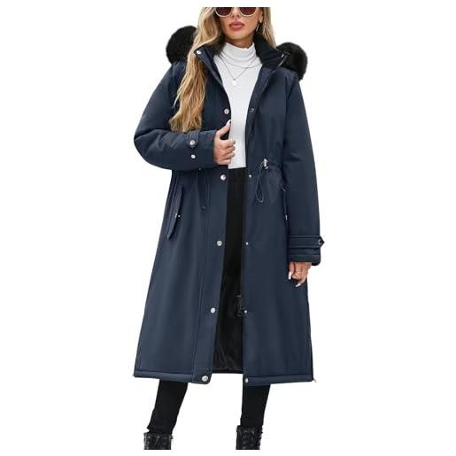 CMTOP cappotto donna invernale lungo fodera in pile ispessito idrorepellente antivento parka, calda elegante giubbotto imbottita giacca con cappuccio rimovibile, zip e tasche(verde oliva, m)