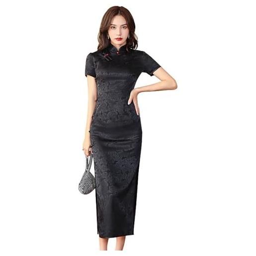 ZNLFS abiti da donna cinesi lungo cheongsam collare alla mandarino slim fit manica corta aderente stampa floreale sexy spacco laterale qipao, nero , 40