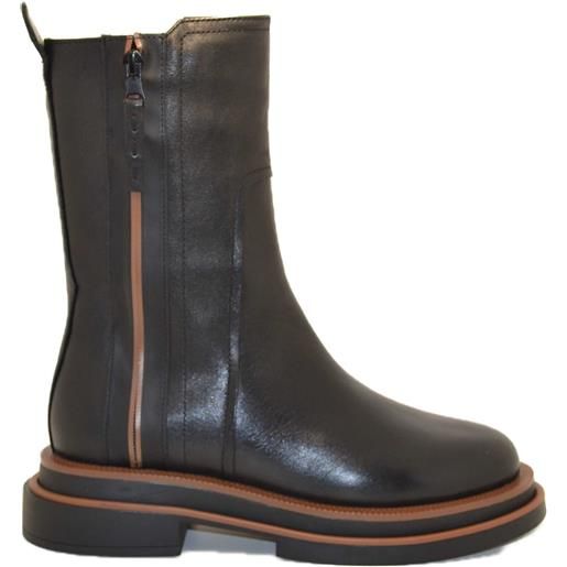 ELVIO ZANON anfibio zip laterale in pelle nero e fondo caramello