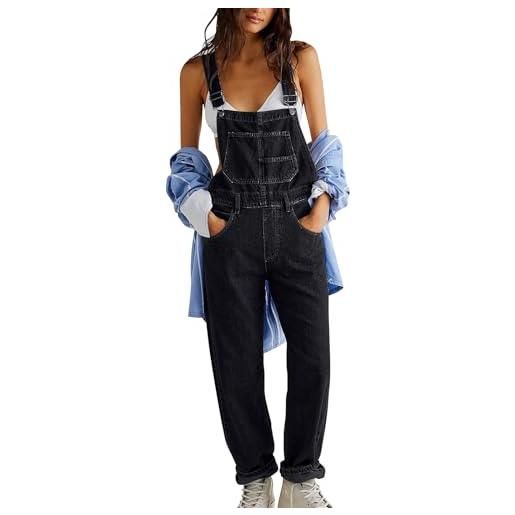 IQYU salopette in jeans da donna, lungo, oversize, con salopette, jeans larghi, larghi, vestibilità larga, pantaloni estivi, con spalline, nero , m