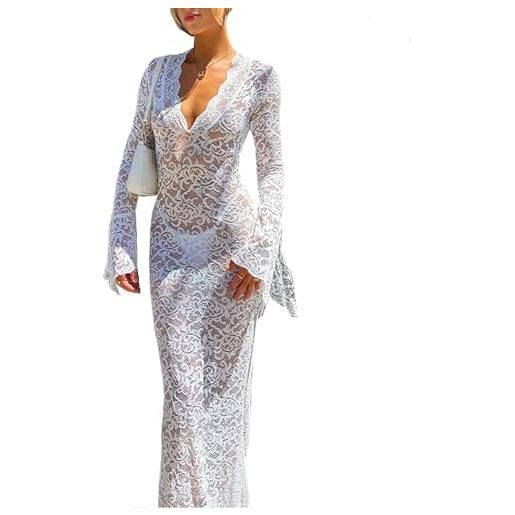 Cslbiuni abito sexy da donna in pizzo floreale aderente trasparente con scollo a v profondo a maniche lunghe maxi abiti, bianco, m