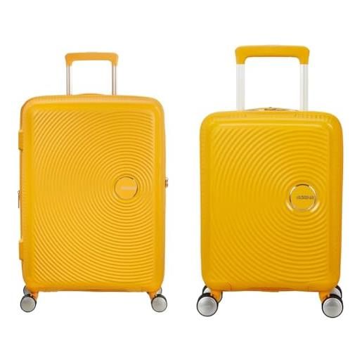 American Tourister soundbox & soundbox mini - bagaglio a mano espandibile, 67 cm, 81 l & valigia per bambini, 47 cm, 22 l - set famiglia - giallo oro