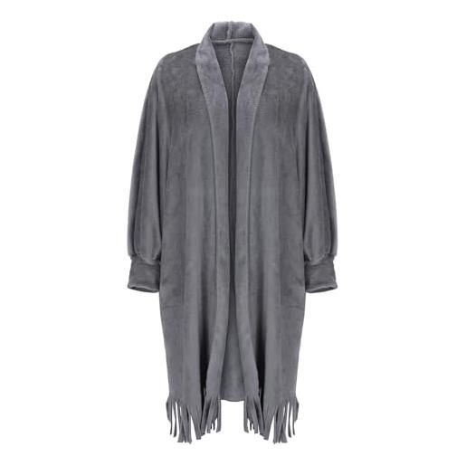 IQYU poncho da donna in cotone caldo | poncho da donna caldo e morbido cashmere | poncho da donna invernale con maniche elegante poncho con nappine cappotto di lana tradizionale / cardigan lungo