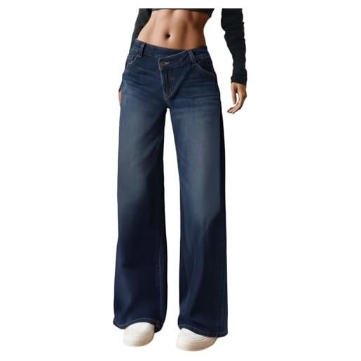 Generico baggy jeans da donna a vita alta jeans a gamba larga larga comodi in denim tinta unita leggeri boyfriend elasticizzati per il tempo libero con tasche per vacanze ufficio casa o (dark blue #2, xl)