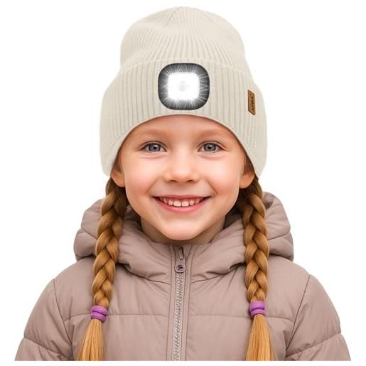 ATNKE bambini led cappello con luce, usb ricaricabile 4 led corsa torcia mani libere testa lampada invernale calda pile foderato berretto lavorato maglia regali per ragazzi e ragazze/beige