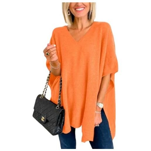 Melliflo maglione poncho da donna con scollo a v, scialle in cashmere leggero, tinta unita, avvolgente, maglioni, top larghi, arancione, medium