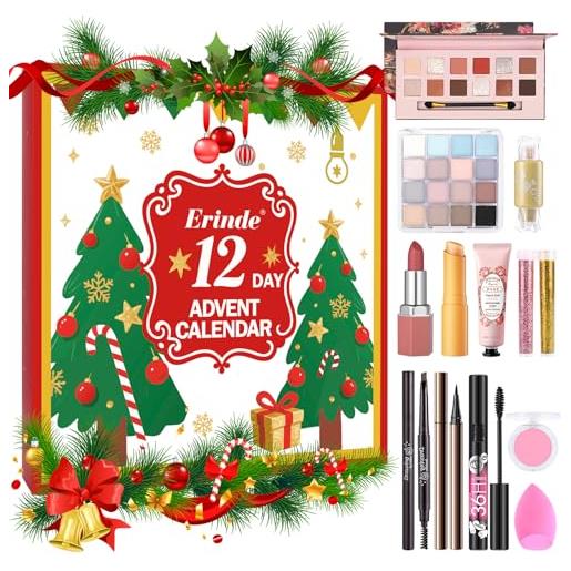 Erinde calendario avvento 2025 - calendario beauty natalizio con 12 sorprese make-up, con rossetto, eyeliner e mascara - calendario countdown festivo per donne e ragazze, make up set